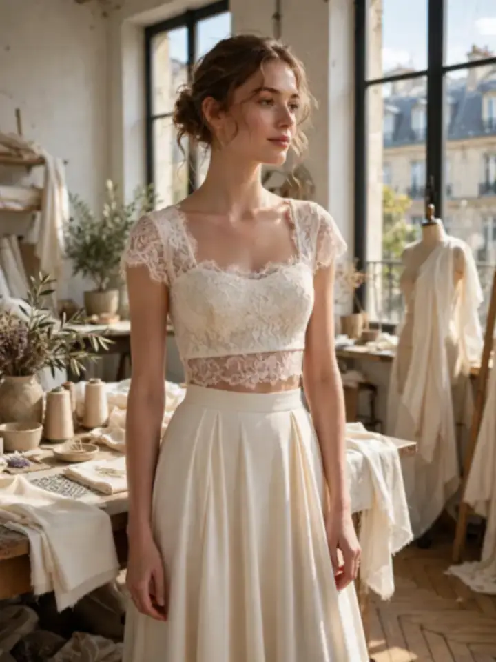Two-piece French wedding dress set with lace top and crepe skirt
