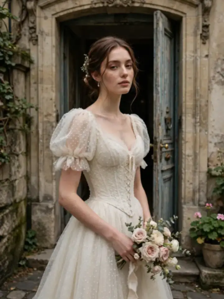 Vintage romantic French wedding dress with soft puff sleeves