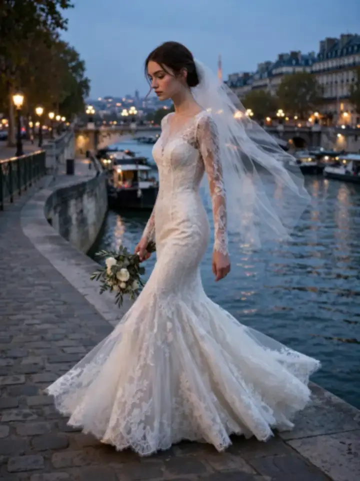 Fitted guipure lace French wedding dress in a mermaid silhouette
