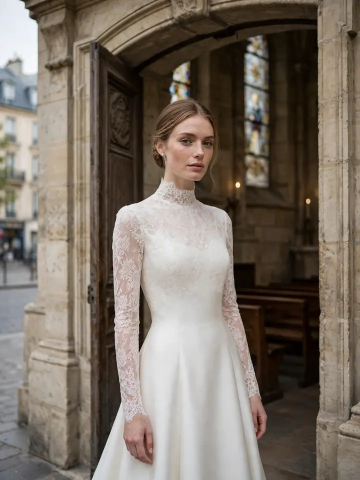 Modest long-sleeve French wedding dress with a high neckline