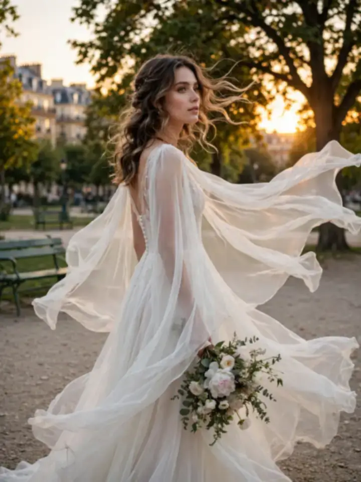 Flowing chiffon French wedding dress with ethereal cape sleeves
