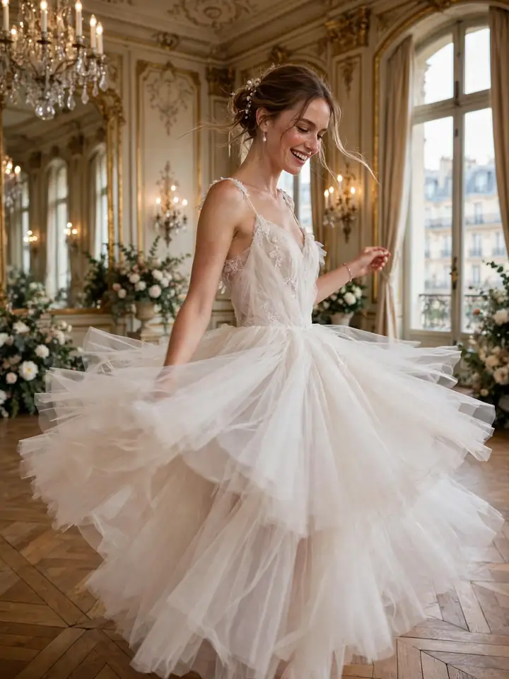 French tulle ballerina style French wedding dress with layered skirt