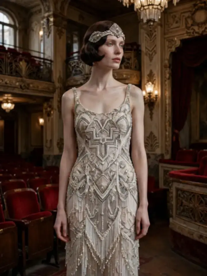 1920s-inspired beaded flapper French wedding dress with art deco details
