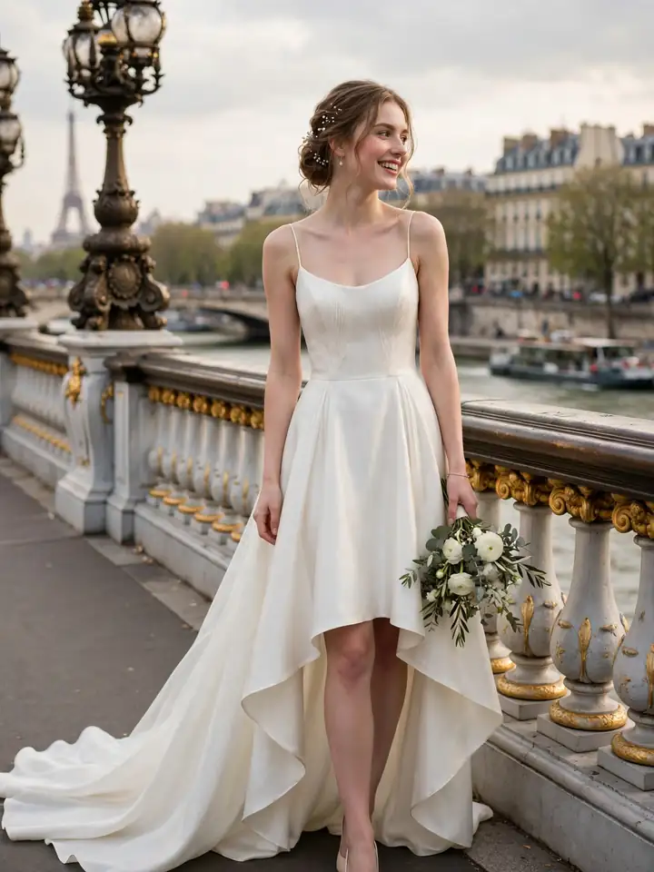 French wedding dress with a high-low hem, short in front and long at back