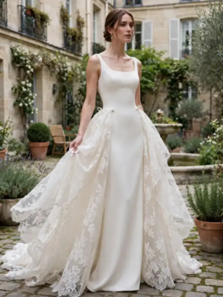 Convertible French wedding dress with a detachable lace overskirt