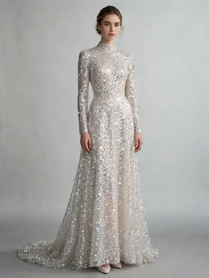 All-over sequin glitter wedding dress sparkling from neckline to hem