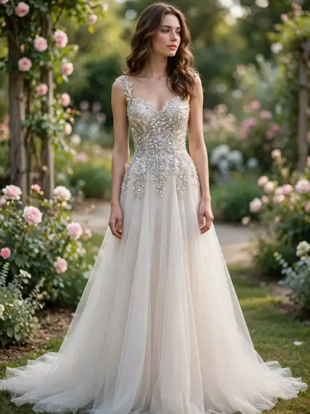 Glitter wedding dress with beaded bodice and flowing plain tulle skirt