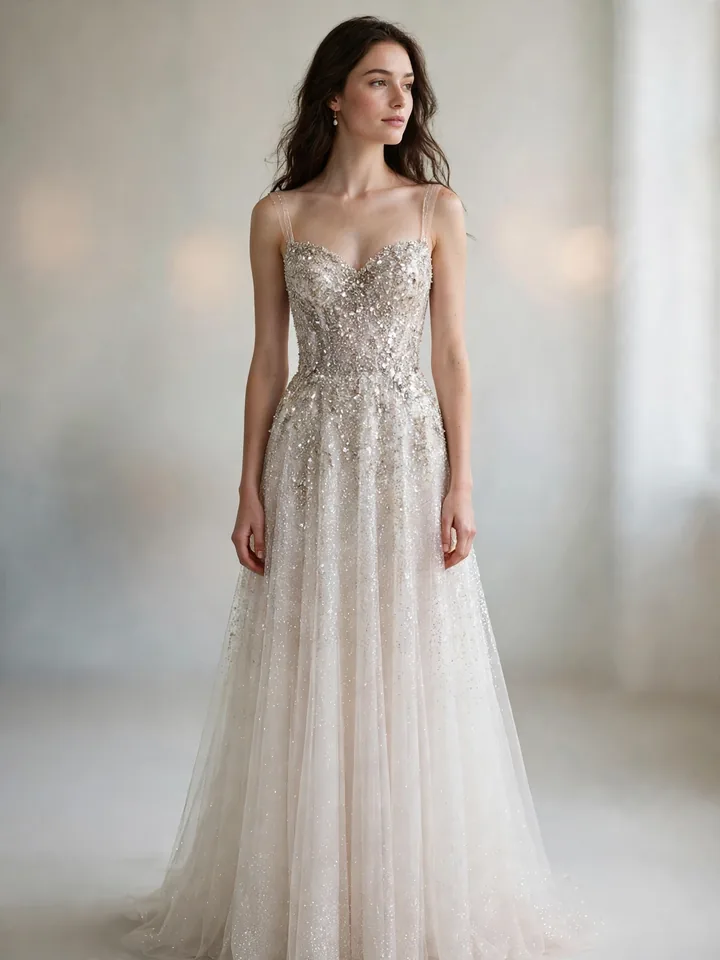 Glitter ombré wedding dress fading from sparkle to soft shimmer
