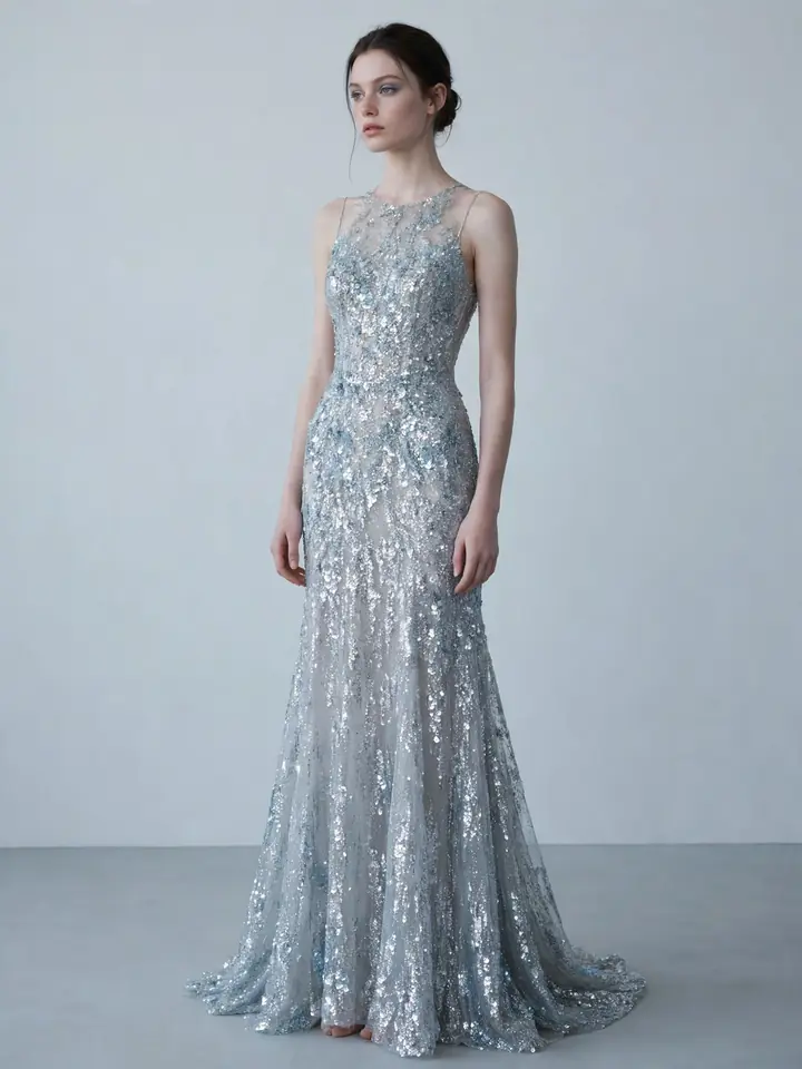 Silver glitter wedding dress with cool icy sequin shimmer