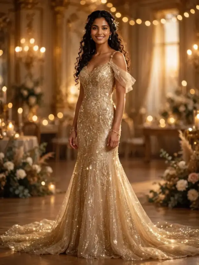 Gold glitter wedding dress with warm radiant shimmer