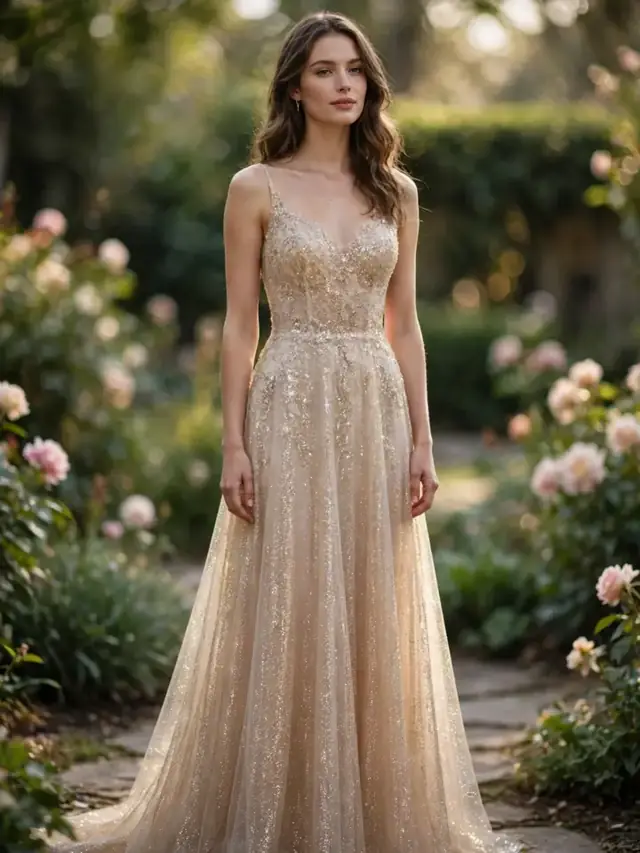 Champagne glitter wedding dress with soft luminous shimmer