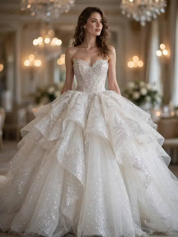 Glitter ballgown wedding dress with voluminous sparkling skirt
