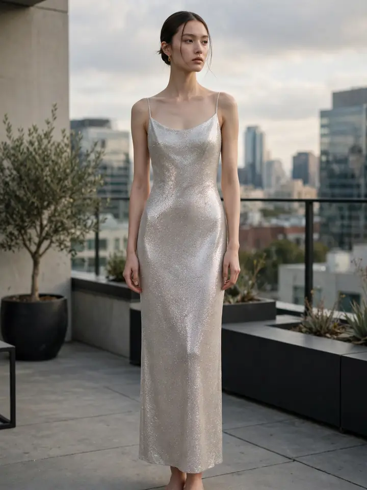 Glitter slip wedding dress with sleek bias-cut shimmer