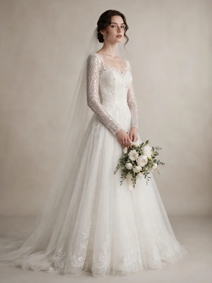 Glitter wedding dress with long sparkling glitter sleeves