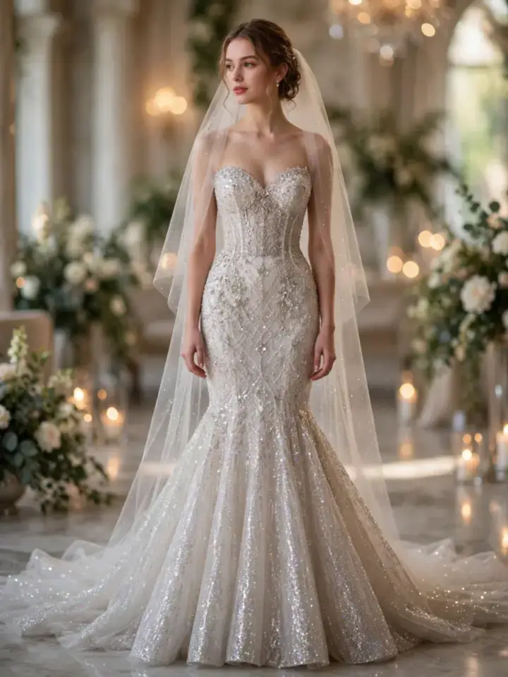 Glitter mermaid wedding dress with sparkling fitted trumpet skirt