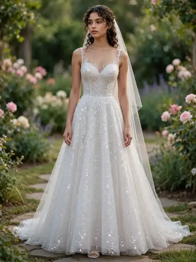 Glitter A-line wedding dress with gently flared sparkling skirt