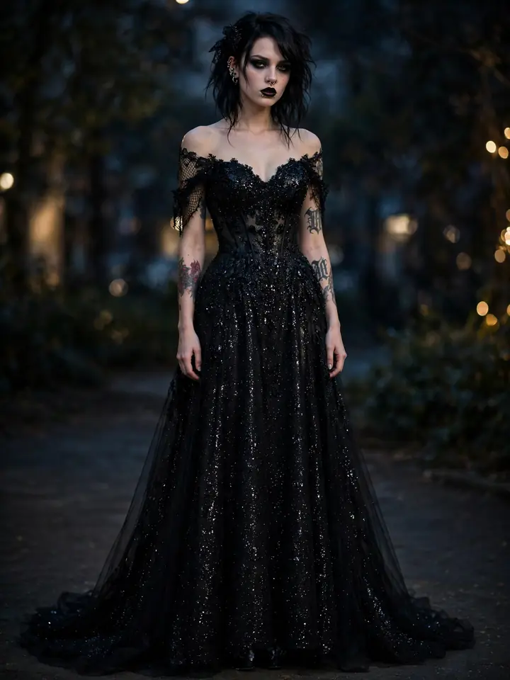 Black glitter wedding dress with dramatic dark sequin sparkle