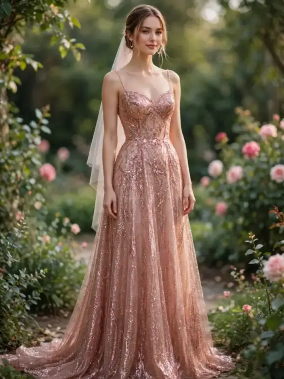 Rose gold glitter wedding dress with warm pink metallic shimmer