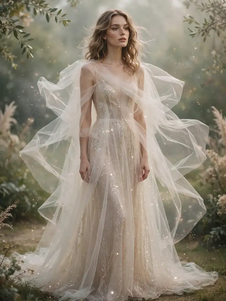 Glitter wedding dress softened under a sheer tulle overlay