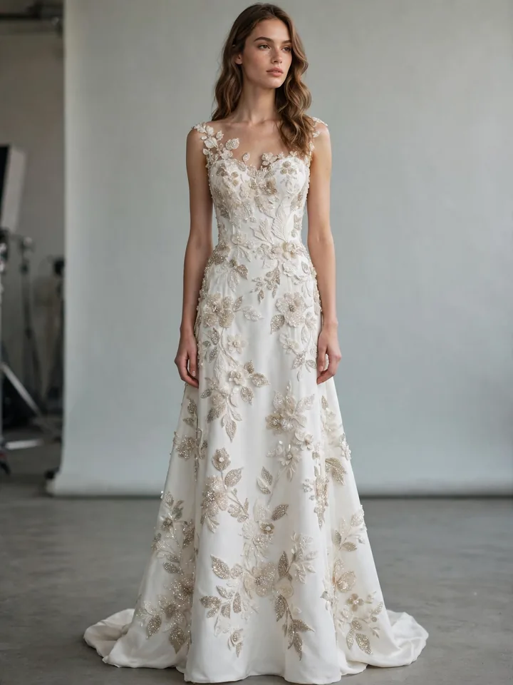 Glitter appliqué wedding dress with beaded floral motifs