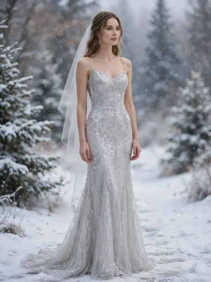 Glitter wedding dress for a winter wedding with snowy backdrop