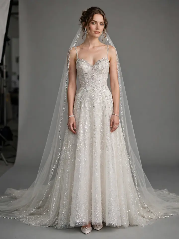 Glitter wedding dress styled with crystal veil and sparkling accessories