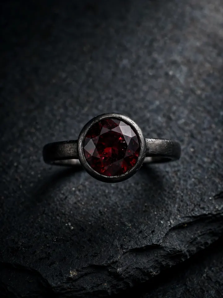 Gothic wedding ring with deep dark red garnet in a blackened silver band