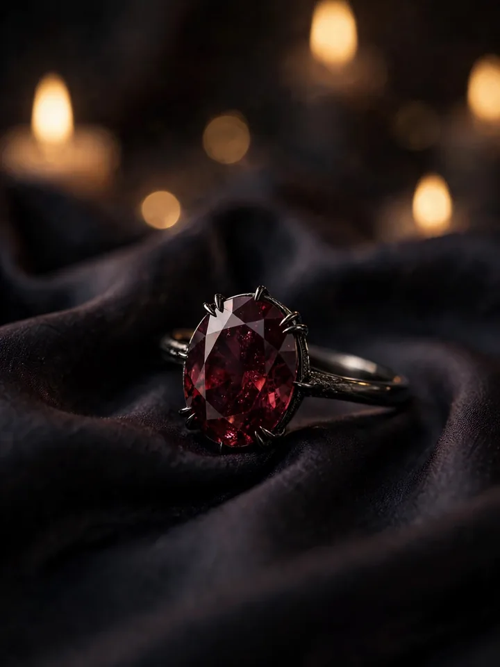 Dark red spinel gothic engagement ring in a black rhodium solitaire setting