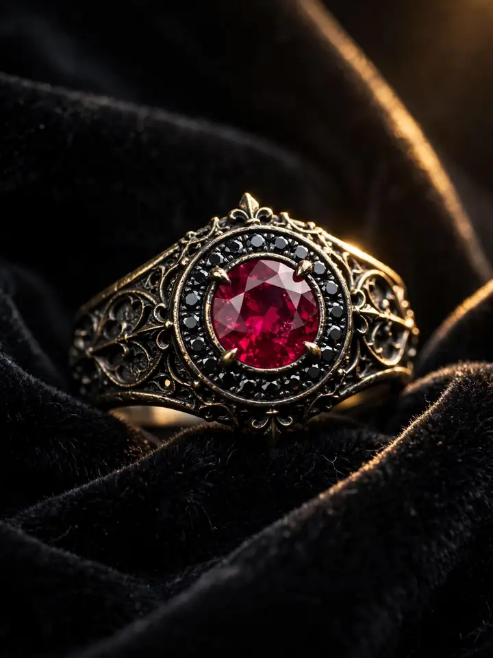 Gothic ruby engagement ring surrounded by a halo of black diamonds