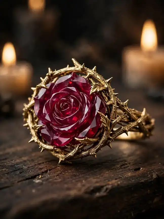 Gothic wedding ring with a red ruby rose carved blossom wrapped in thorned gold