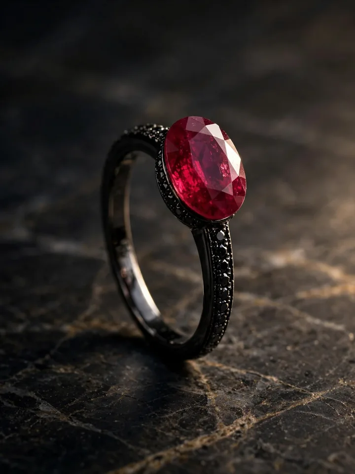 Oval ruby gothic wedding ring on a sleek black band with black diamond pavé
