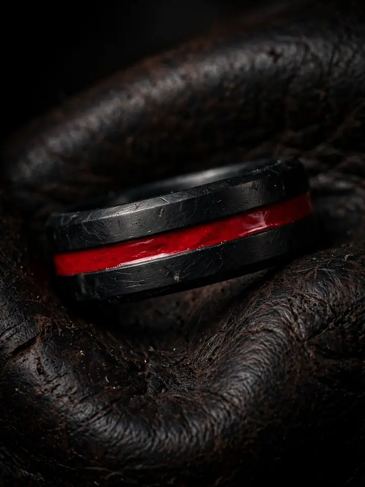Gothic black wedding band with a striking red enamel inlay stripe