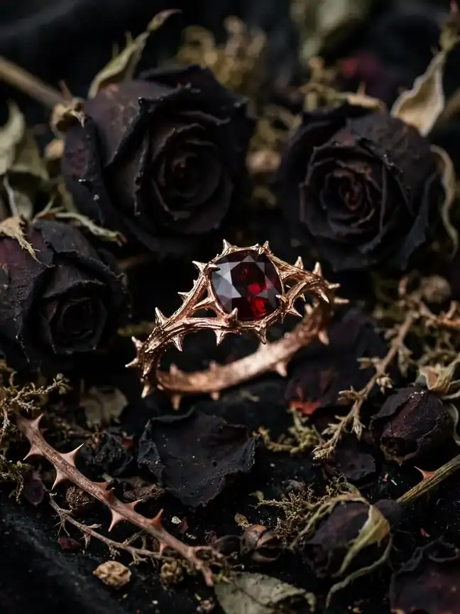 Briar rose gothic engagement ring with thorn-textured band and dark red garnet