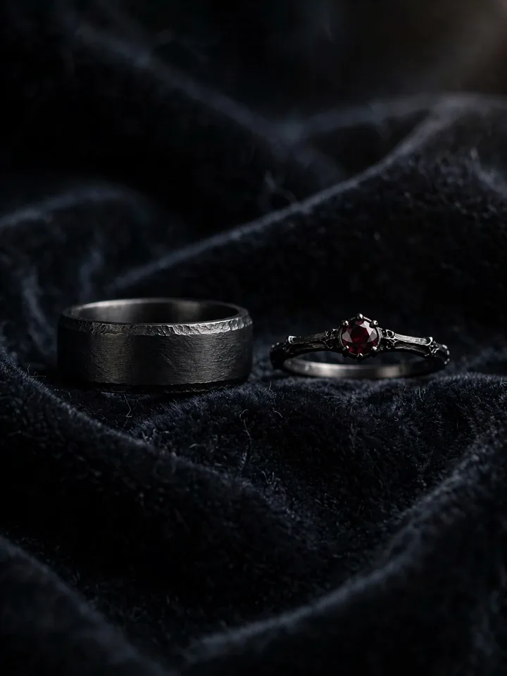 Matching gothic wedding ring set — wide black band and garnet red stone band