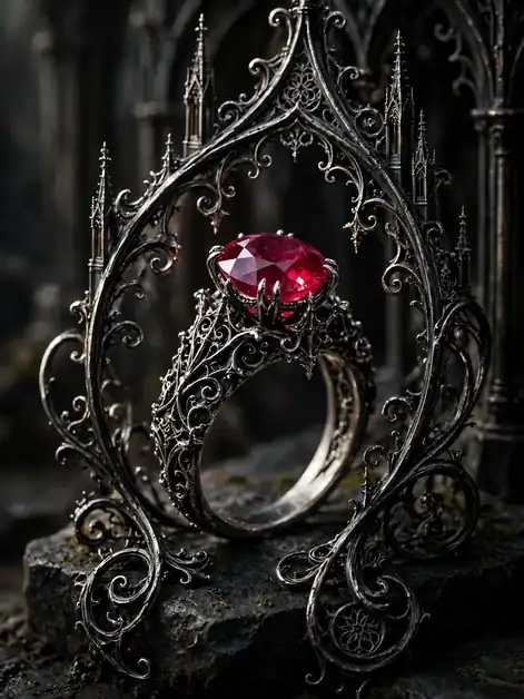 Gothic ruby engagement ring in an ornate filigree cathedral setting