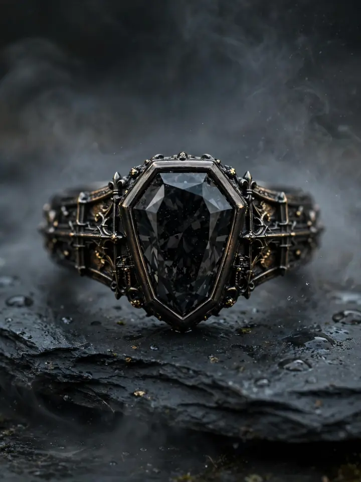 Gothic wedding ring with a coffin-cut black diamond solitaire in black gold