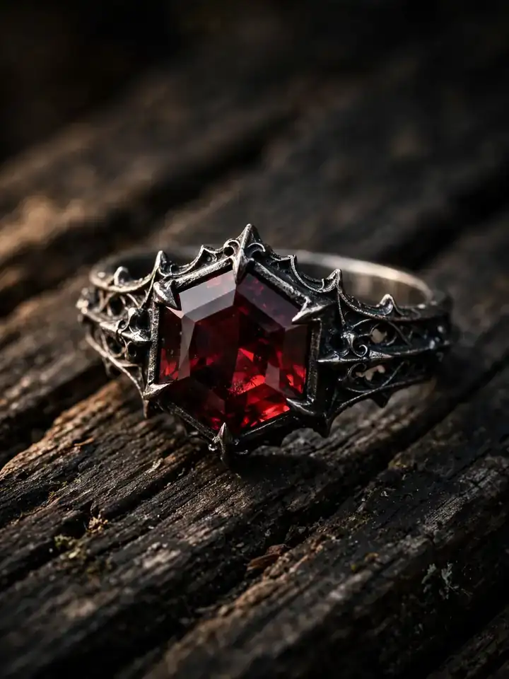Hexagon-cut garnet gothic wedding ring in a blackened silver setting