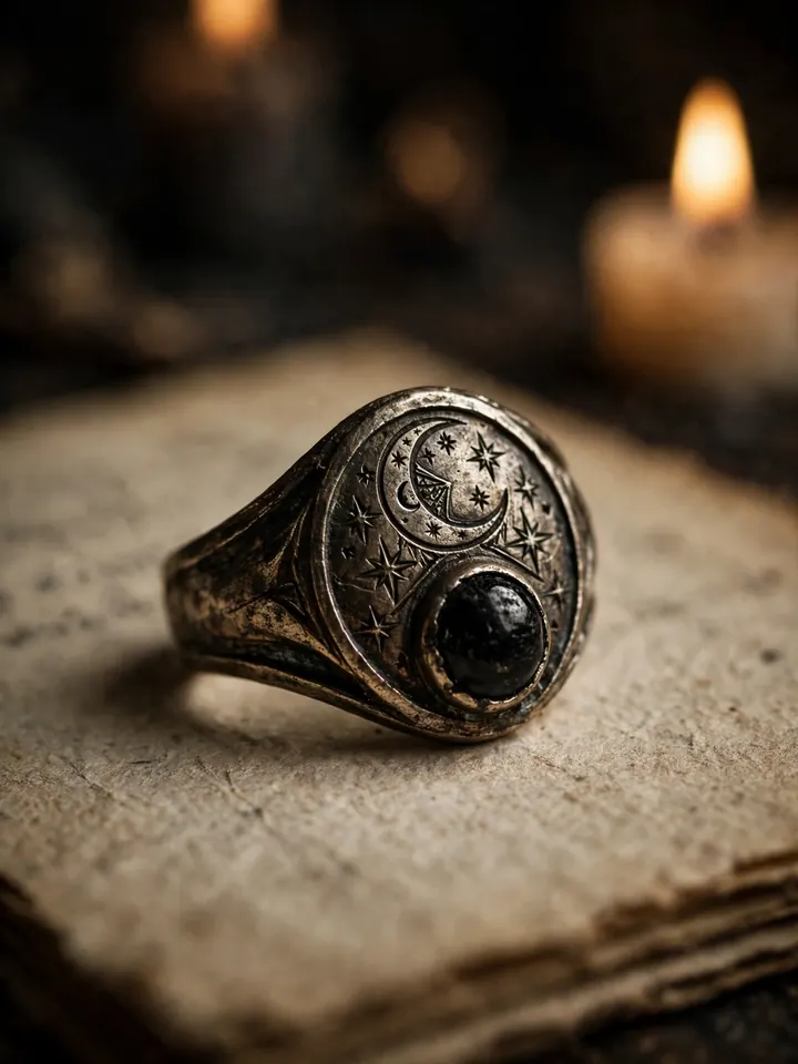Antique gothic wedding band with occult moon and star engraving and black onyx