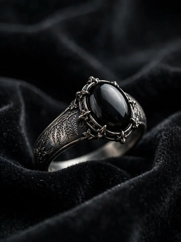 Victorian mourning-style gothic wedding ring with black jet stone and willow engraving