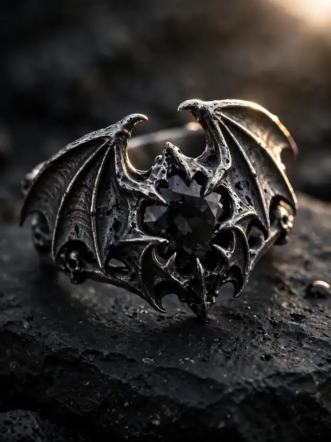Gothic wedding band sculpted with bat wings around a black spinel stone