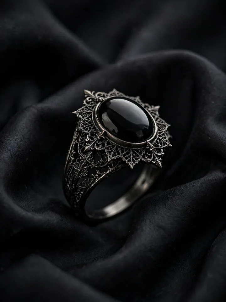Elegant black gold filigree gothic wedding ring cradling a black onyx stone