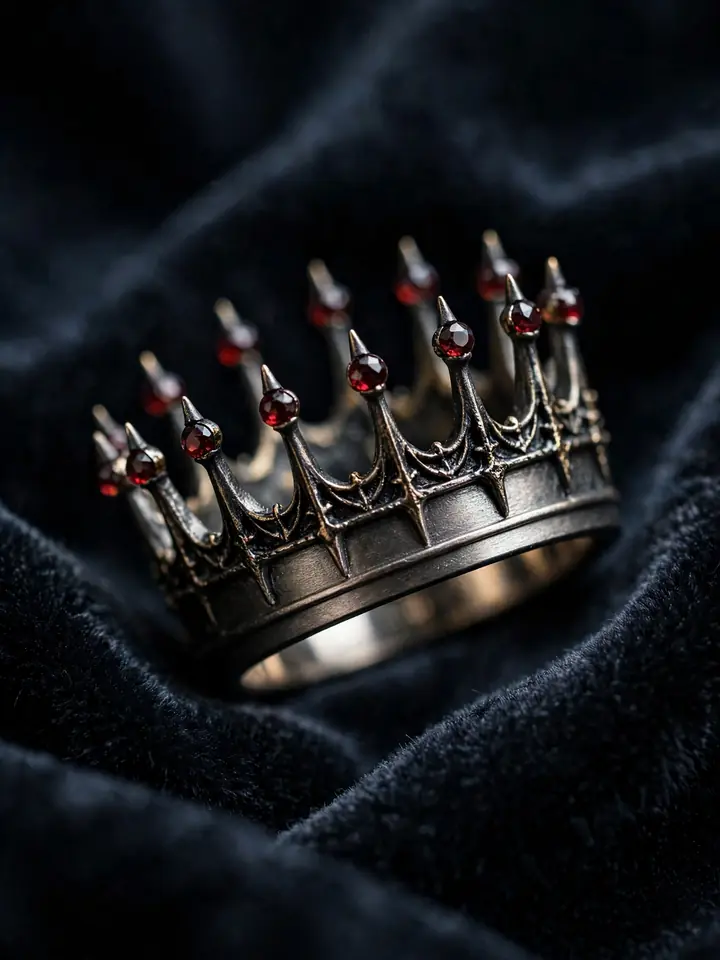 Gothic crown wedding band with dark spikes tipped with tiny red garnets