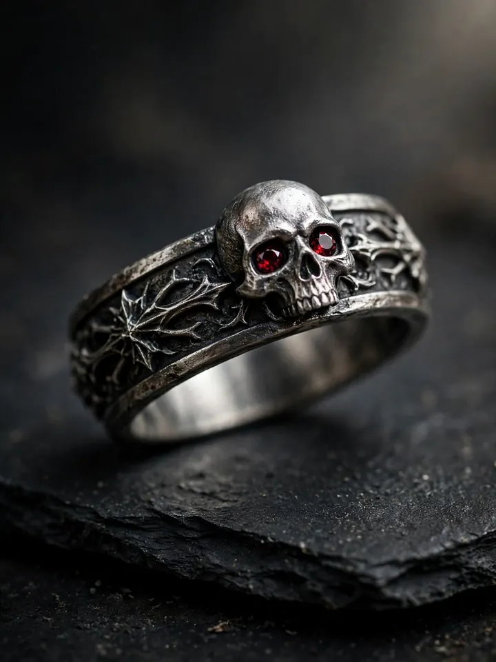 Memento-mori gothic wedding band with a sculpted skull set with garnet eyes