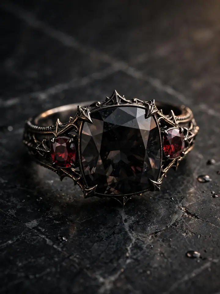 Gothic wedding ring with a black spinel flanked by two deep red garnets