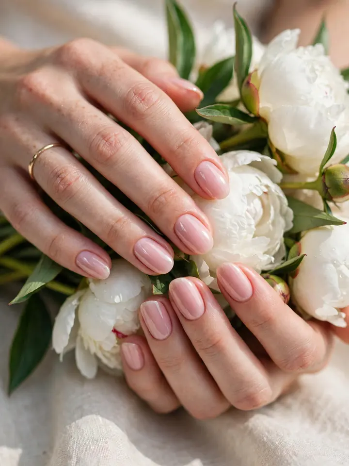 Baby pink wedding nails in an almond shape with a glossy finish