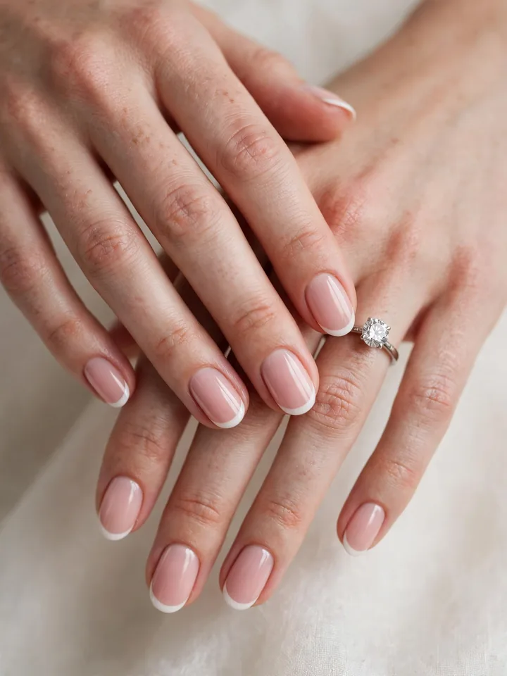 Blush pink French tip wedding nails with white tips