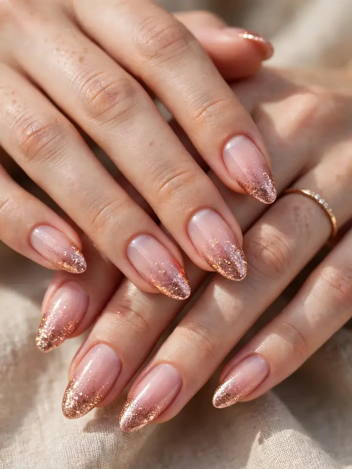 Glitter French tip pink wedding nails on almond shaped nails