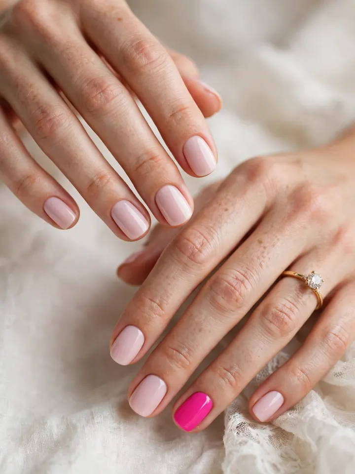 Hot pink accent nail among soft pink wedding nails