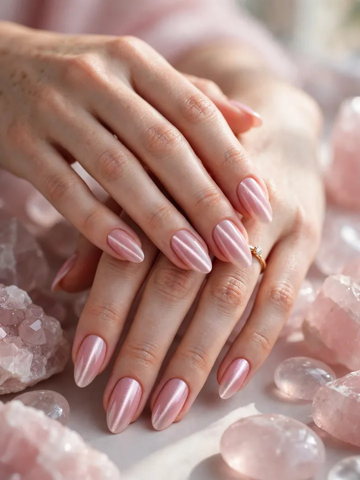 Pink cat-eye wedding nails with magnetic shimmer on almond nails