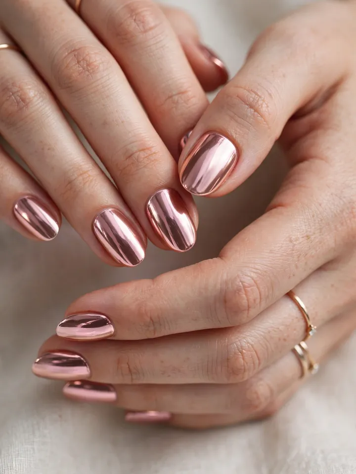 Pink chrome wedding nails with a mirror-like reflective finish